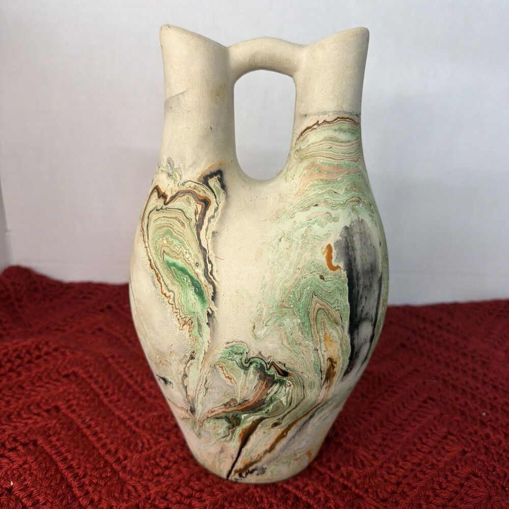 VTG Nemadji Pottery Wedding Vase Double Spout Swirl Pattern Native Clay USA  11"